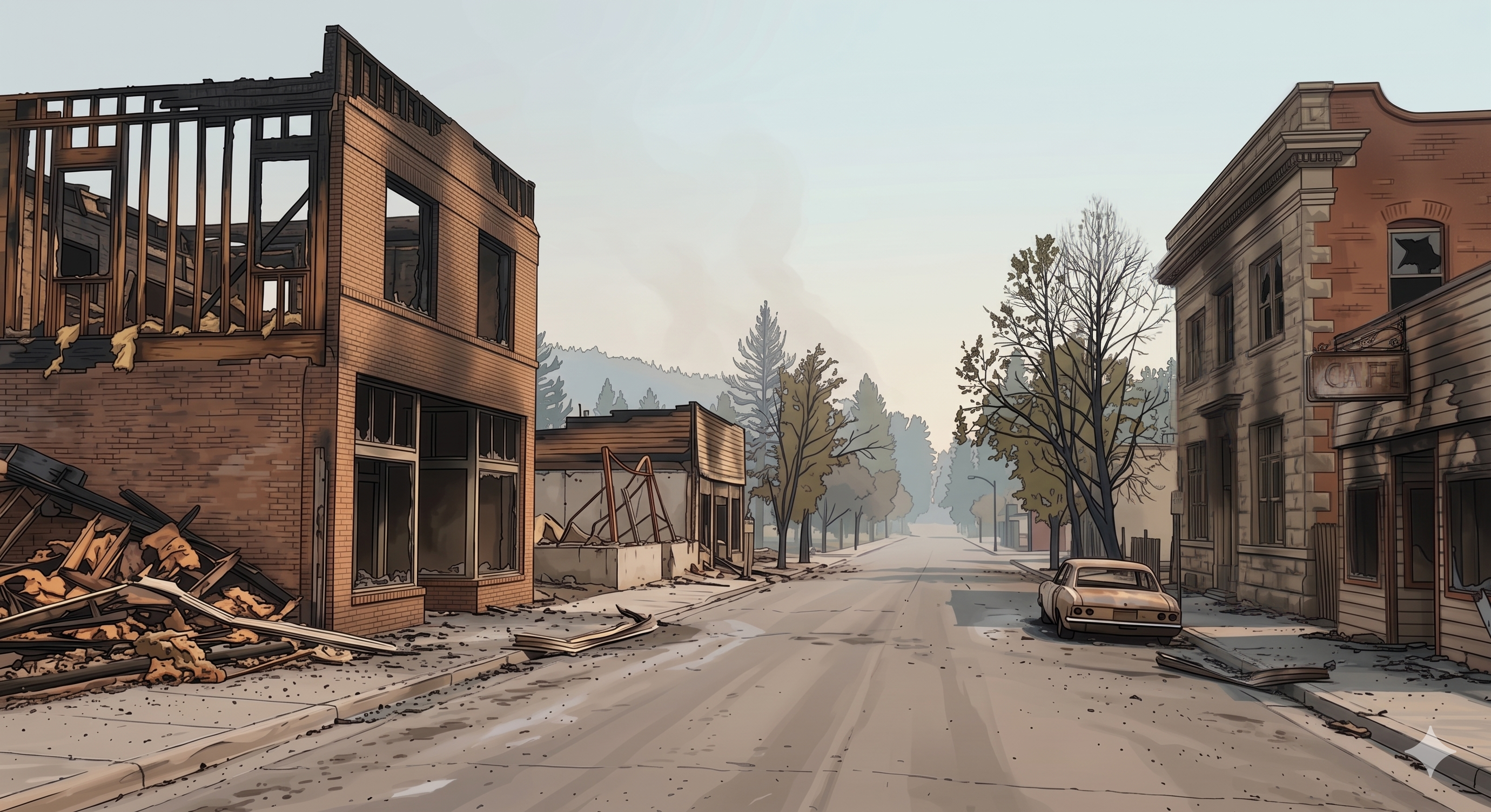 Close-up view of the downtown district after the fire showing burned buildings and ash